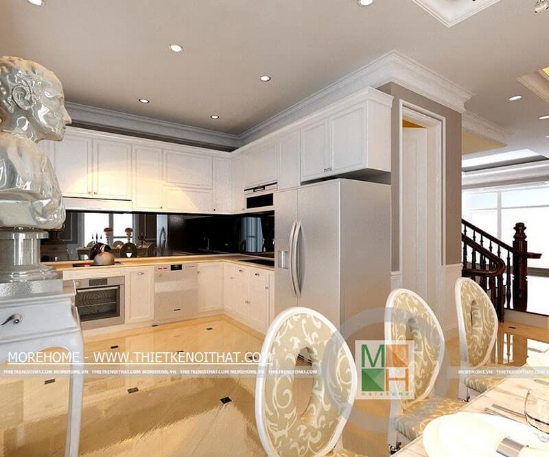 Thiết kế nội thất phòng bếp gỗ tân cổ điển, mặt tường bếp ốp đá màu đen cao cấp tạo không gian sạch sẽ và thoải mái Thiết kế phòng bếp đẹp